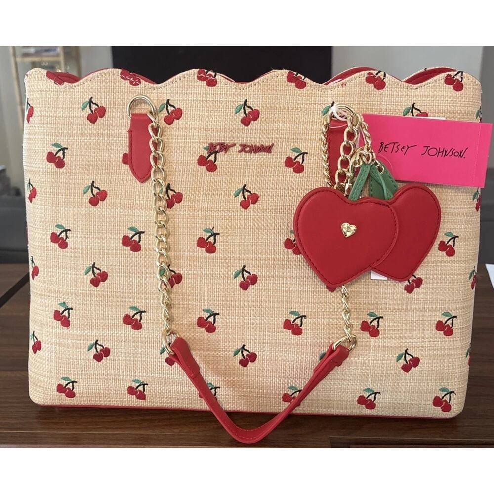 NWT Betsey Johnson Straw Tote Embroidered Cherry Purse w/ Bag Charm 14x11x5